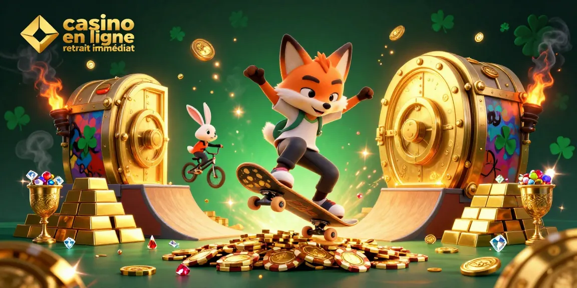 Interagissez avec le casino en ligne retrait immédiat à travers cette illustration 3D vibrant d'un renard skateboarder.