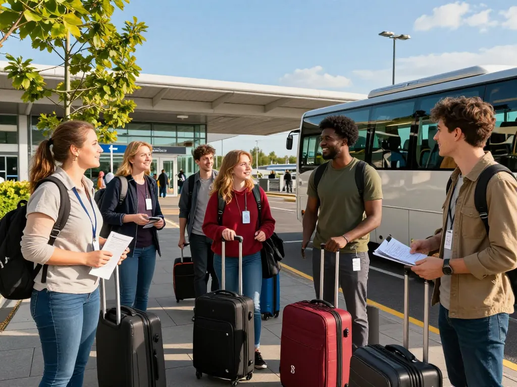 Travelers excited for their journey to Leeds Bradford Airport from Halifax with luggage as they wait for their minibus transfer.