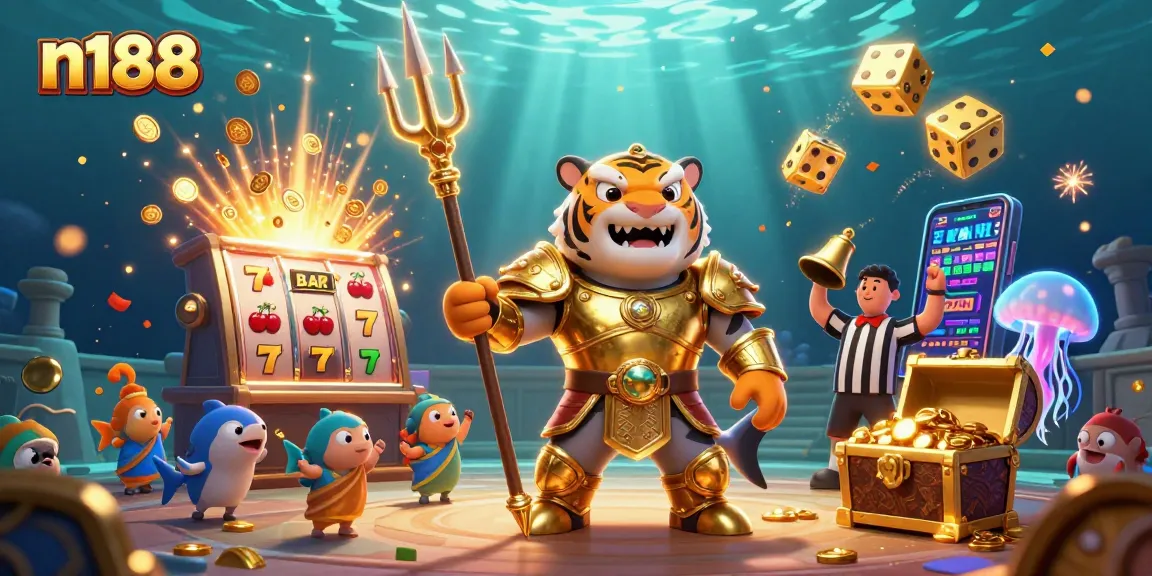 Experience N188 with a lively underwater scene of a golden tiger shark in gladiator armor wielding a trident.