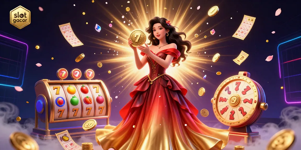 Experience slot gacor with a stunning digital illustration of an Asian woman holding a golden coin amidst vibrant casino elements.