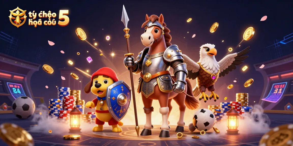 Bet on excitement with tỷ lệ kèo nhà cái 5, featuring vivid sports betting action amidst dynamic golden coins and colorful poker chips.