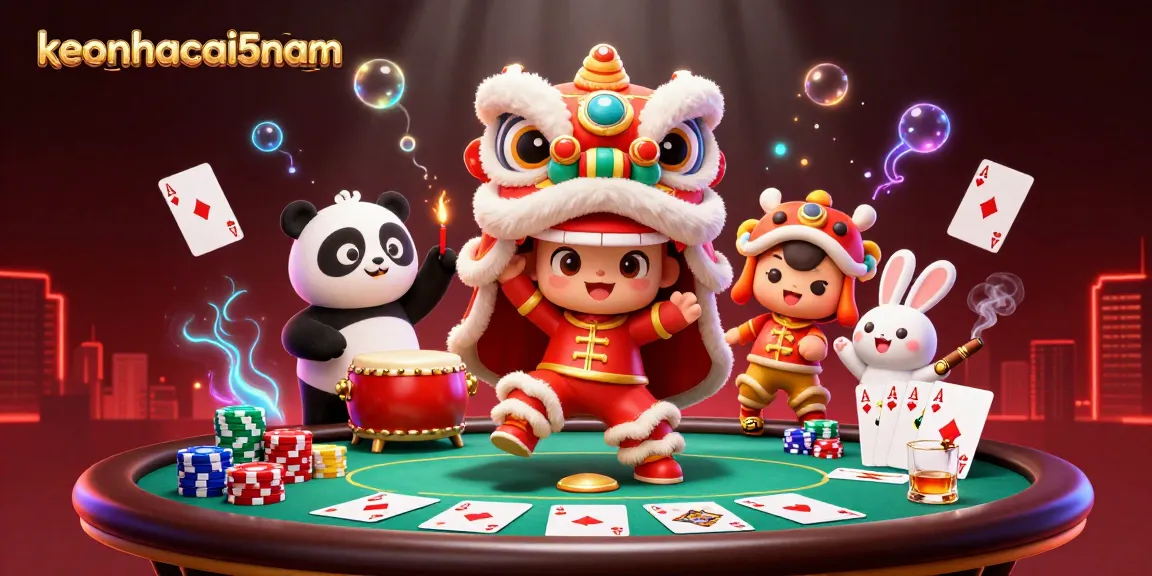 Engage with keonhacai5nam's vibrant lion dance scene featuring poker elements and exciting casino atmosphere.