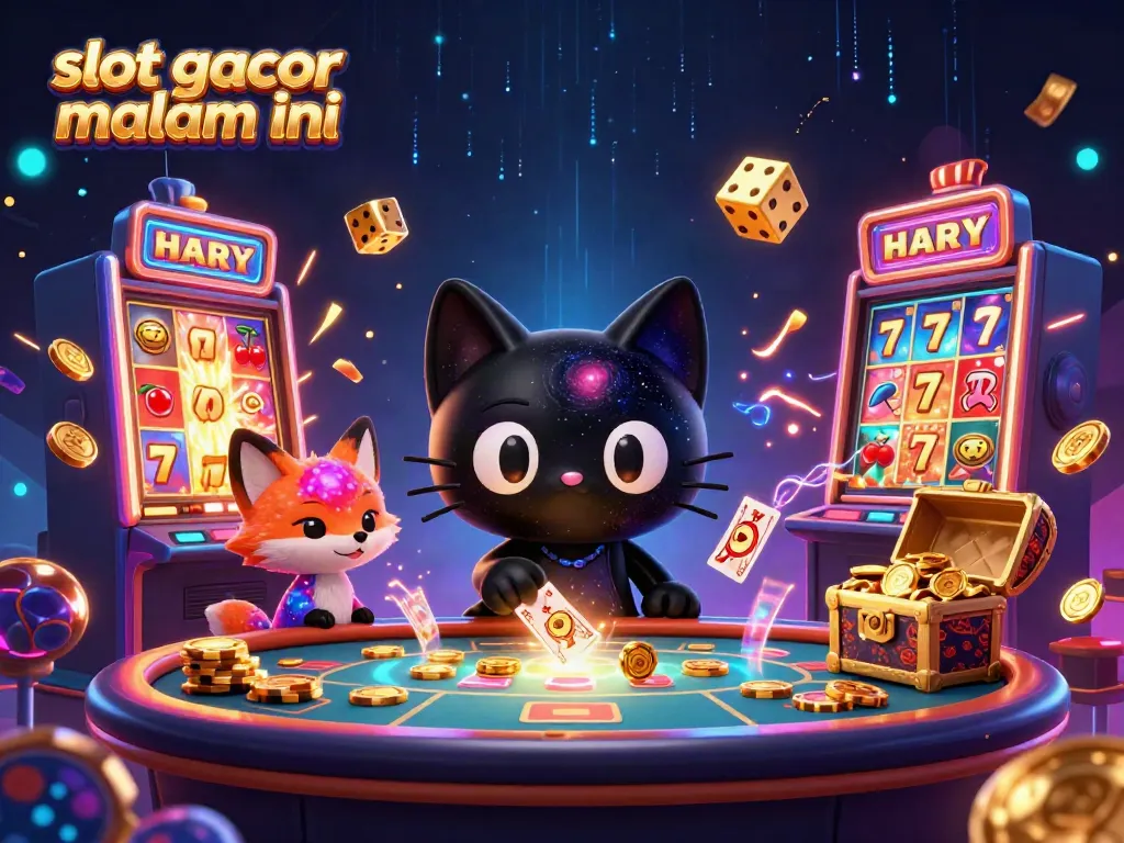 Menggali peluang dengan slot gacor malam ini dalam ilustrasi kasino 3D yang penuh warna.