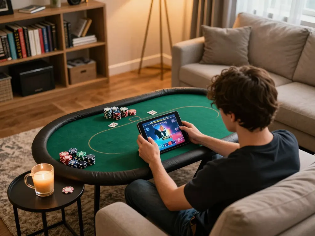 Player enjoying poker on the tablet at home while engaging in go8s gambling strategies comfortably.