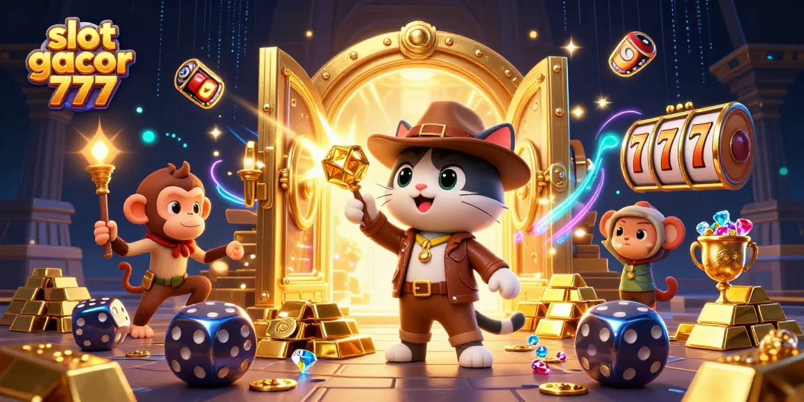 Engage with slot gacor 777 as the cartoon explorer cat uncovers treasures amidst vibrant casino elements.