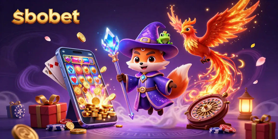 Engaging sbobet illustration showing a wizard fox, phoenix, and enchanted frog with vibrant casino elements.