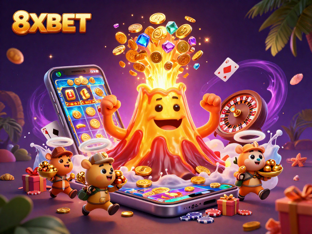 Play thrilling games and win exciting prizes with 8XBET's vibrant casino illustration.