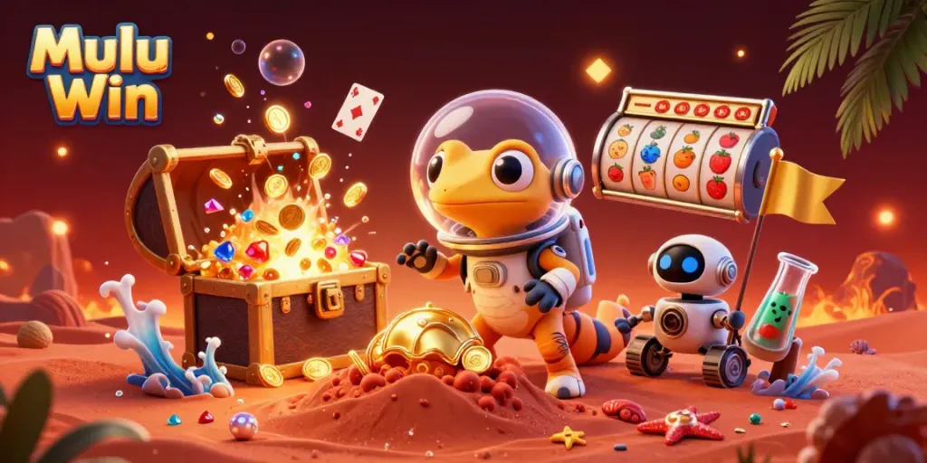 Mulu Win showcases a vibrant Martian gecko discovering a golden casino amidst dynamic casino elements.