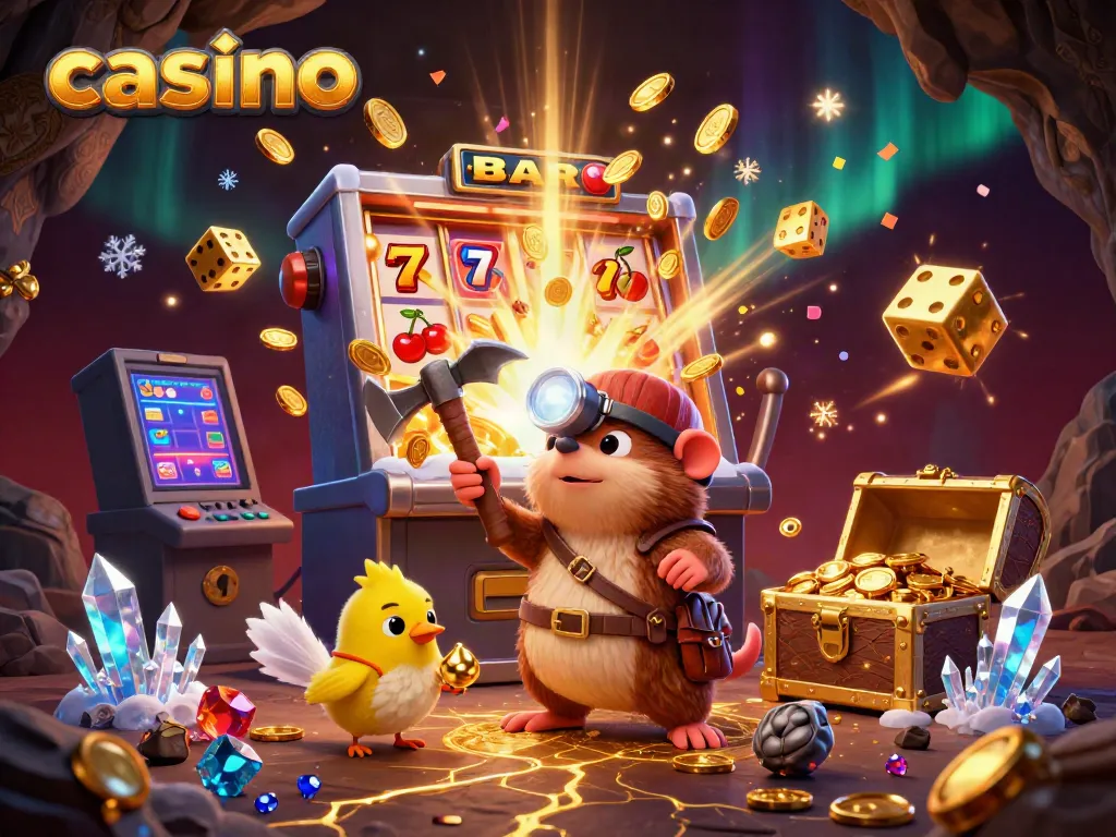 Experience the thrill of casino vibes with jumping coins, slot machines, and vibrant game elements.