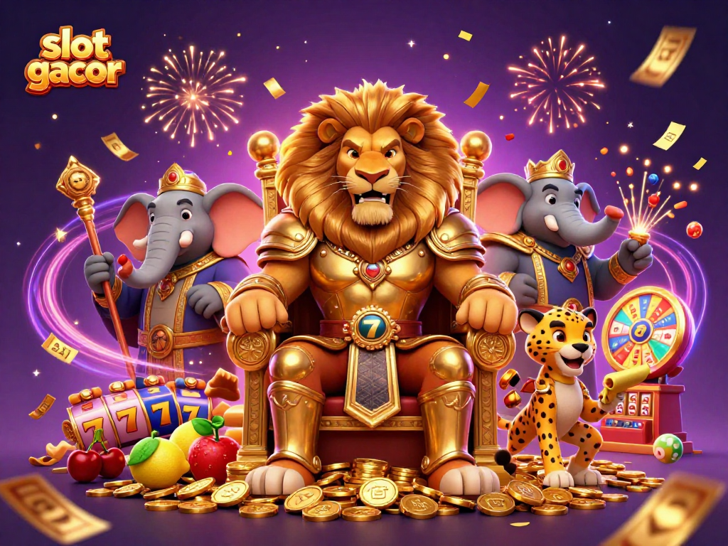 Slot gacor menampilkan raja singa, gajah bijak, dan cheetah cepat dalam perayaan hadiah kasino.