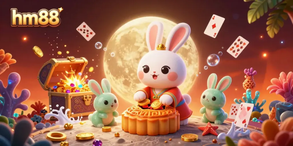 Experience the exciting world of hm88 with a moon rabbit pounding mooncakes amidst vibrant casino-themed elements.