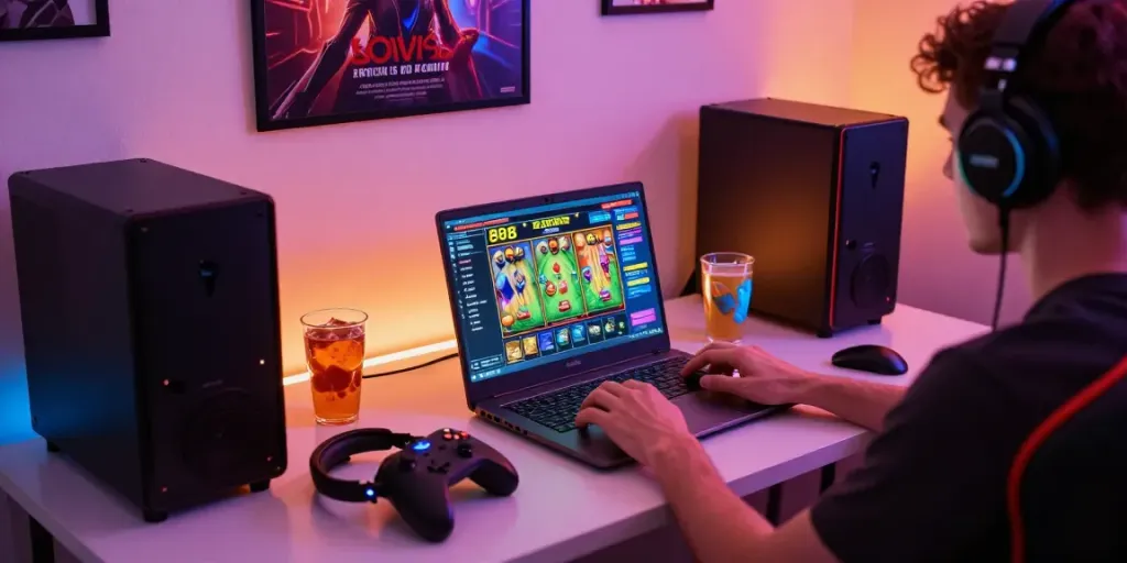 Person enjoying slot88 games in a colorful, immersive gaming corner with snacks and accessories.