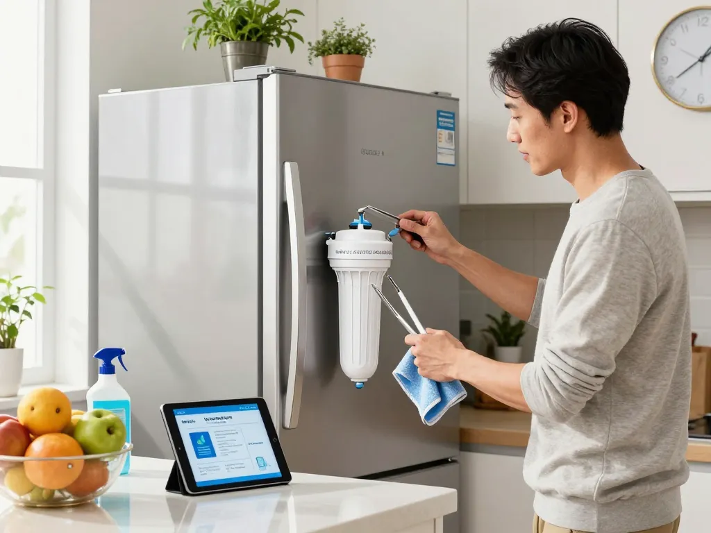 Replacing Waterdrop LT1000PC ADQ747935 MDJ64844601 Refrigerator Water Filter in a bright, modern kitchen with cleaning supplies and fresh fruits.