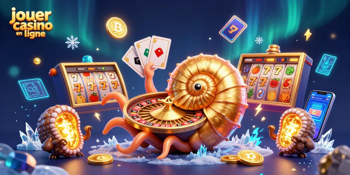 Jouer au casino en ligne avec un nautilus géant entouré de pièces de cryptomonnaie et de jeux de machines à sous