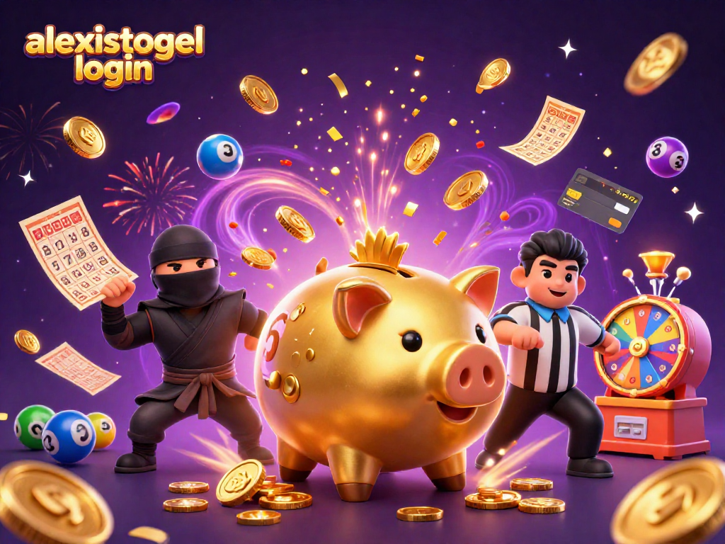 Mengakses alexistogel login sambil menikmati keseruan permainan togel online dengan bola togel berwarna-warni dan koin emas yang berjatuhan.