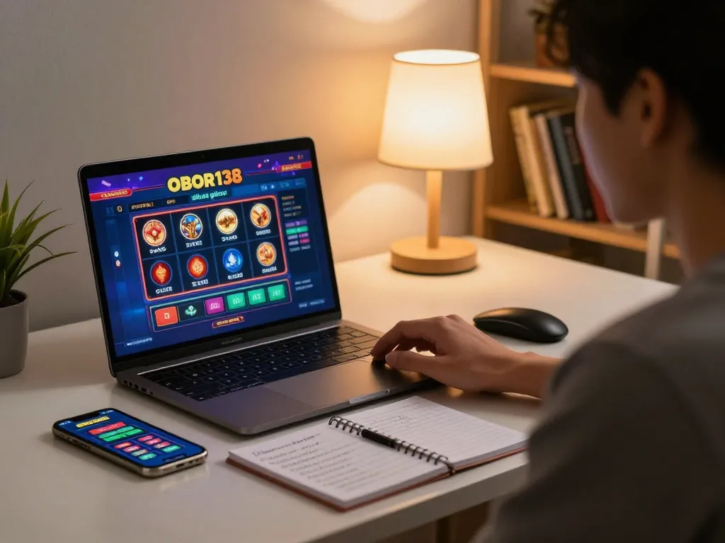 Enjoying situs gacor slots strategy with notebook notes during online gaming session at home.