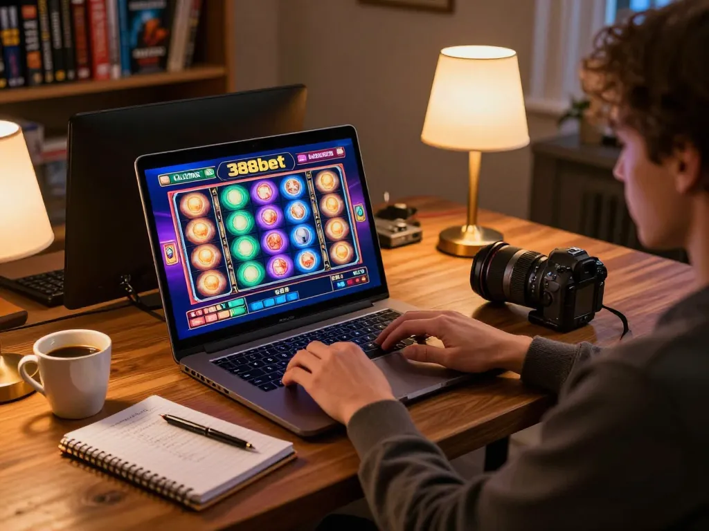 Player experiencing 388bet online slots on a laptop in a cozy gaming setup
