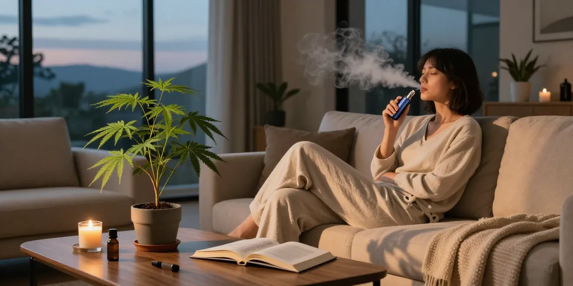 Muha med vape device amid a serene wellness setup, showcasing natural relaxation with CBD.