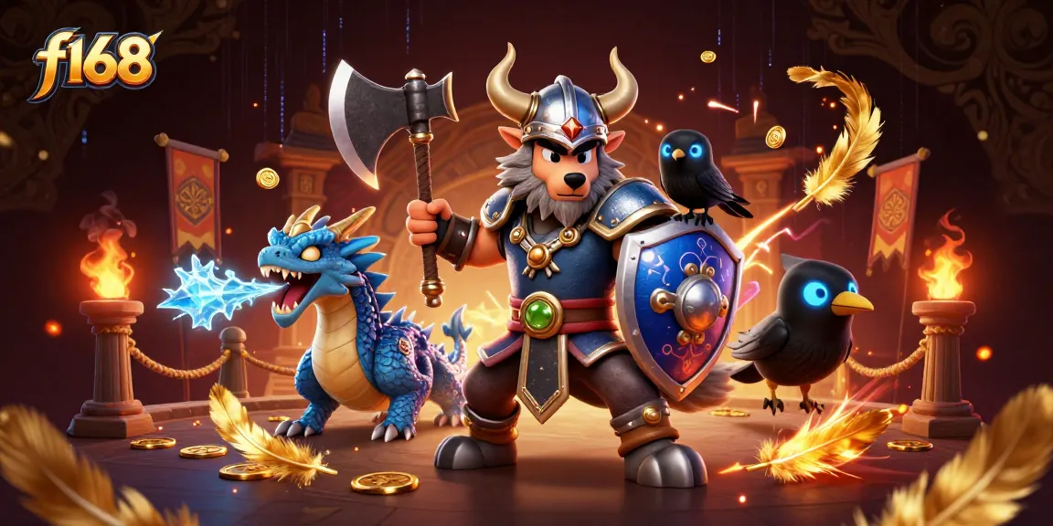 Experience the thrilling f168 casino with Viking warriors, dragons, and gold coins in a stunning 3D illustration.