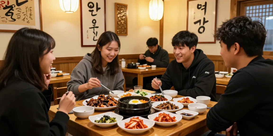 Dining scene at 상봉동 한국관 featuring Korean dishes and happy diners in a cozy restaurant.
