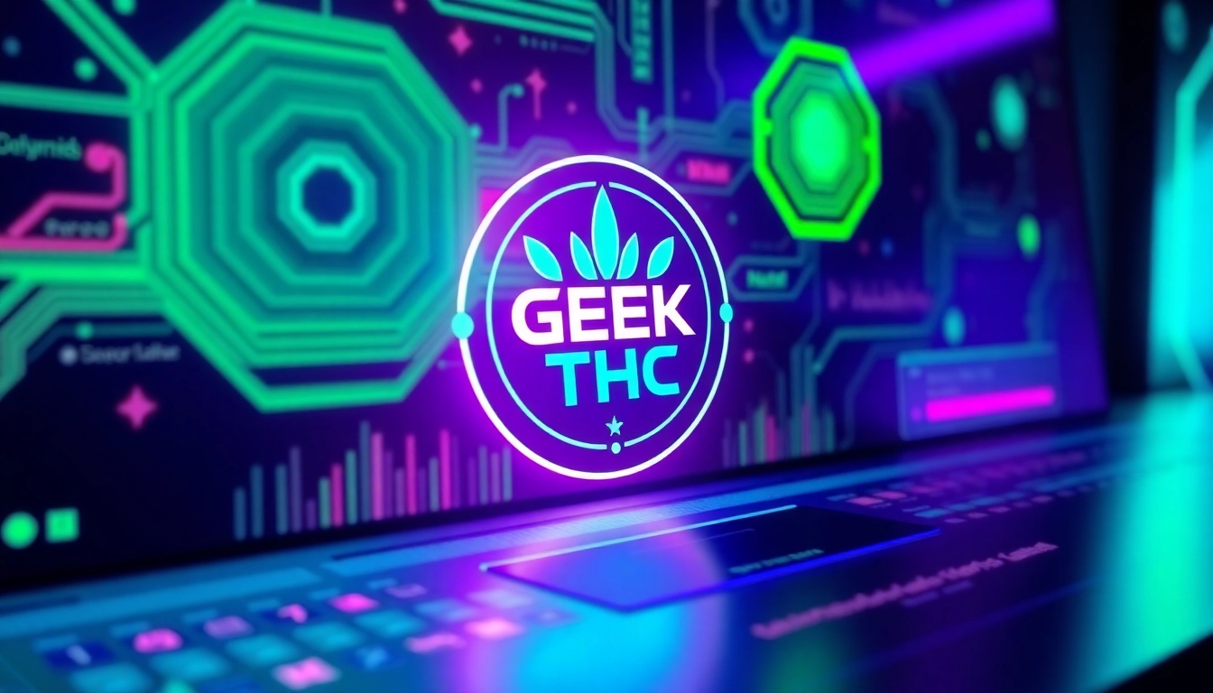 Visualize GEEK THC logo integrated into a digital landscape filled with vibrant tech elements.