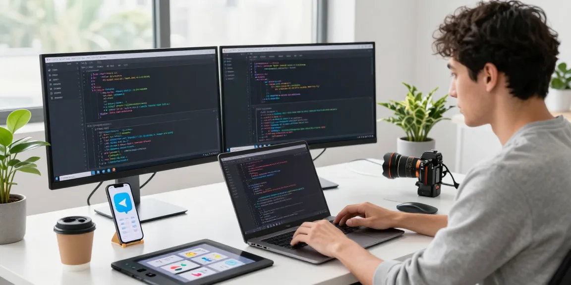 Developer coding Telegram中文版 app in a modern office workspace.
