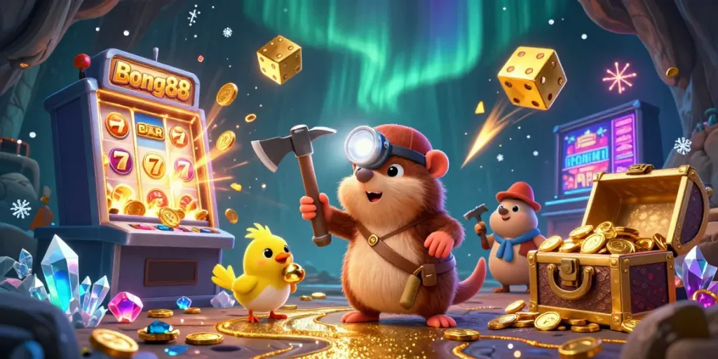 Bong88 showcases a vibrant scene of a treasure hunter mole and a canary celebrating a jackpot explosion amidst sparkling casino visuals.