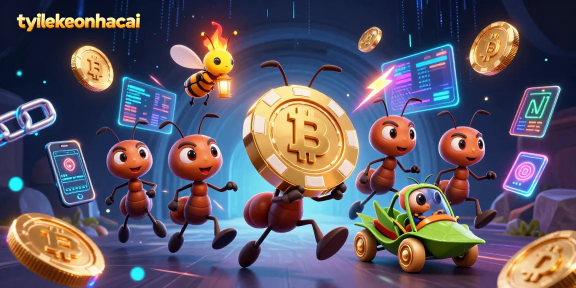Engage with tylekeonhacai as ants execute a heist for a giant poker chip, amidst digital crypto elements.