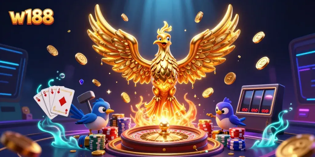 W188 showcases a stunning 3D phoenix amidst casino elements, radiating excitement and wealth.
