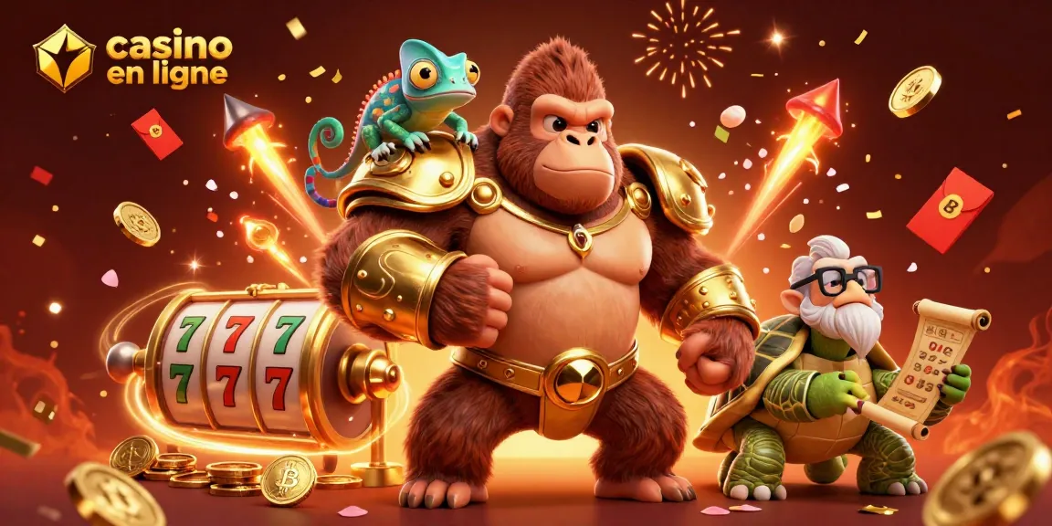 Le casino en ligne crypto, animant un gorille roi puissant et un caméléon, célèbre les jeux de hasard avec des pièces et des feu d'artifice.