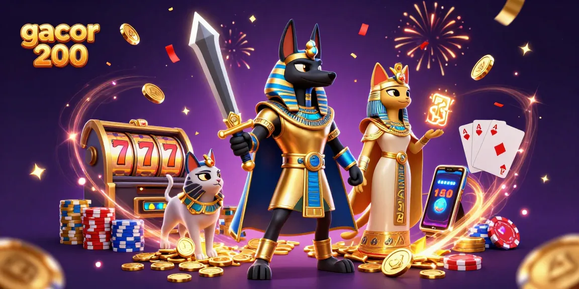 Win big at gacor 200 with dynamic slots, featuring Anubis, sparkling gems, and confetti.