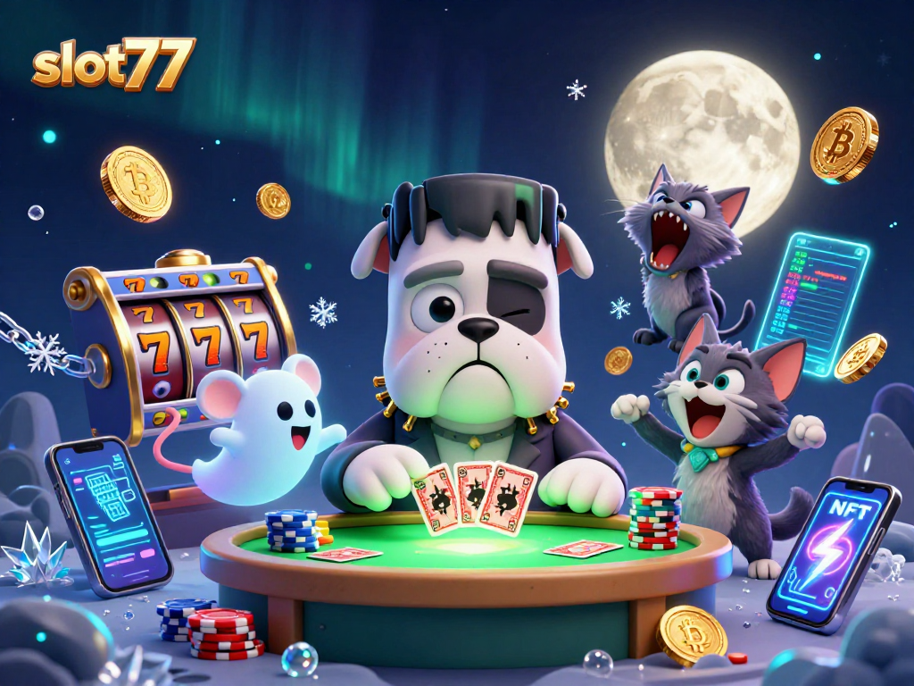 Slot77 showcases a thrilling card game scene with a Frankenstein bulldog, ghost mouse, and werewolf kitten at a spooky casino table.
