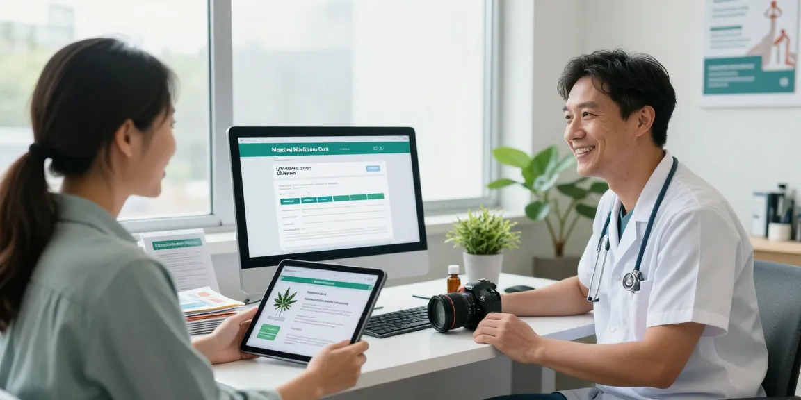 Patient receiving guidance for medical marijuana card online in a welcoming office.