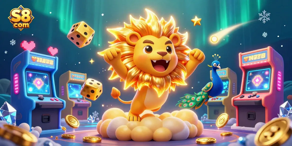 S8 com showcases a vibrant casino scene with a roaring sun lion, golden dice, and dynamic game elements.