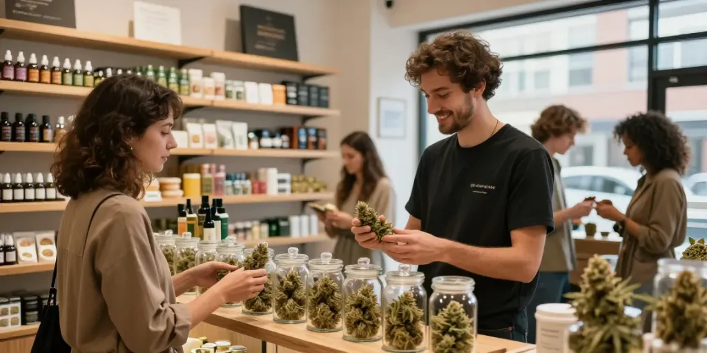 Buy cannabis buds UK - vibrant dispensary showcasing premium cannabis buds and friendly budtender assisting customers.