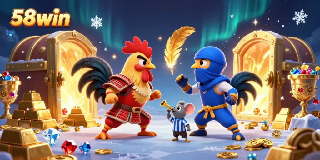 Experience the thrilling showdown of roosters at 58win while surrounded by dazzling casino treasures.