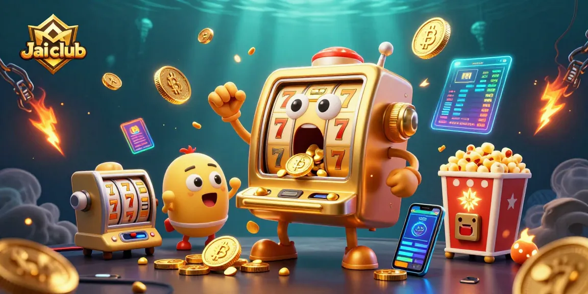 Jai club celebrates wins with a dazzling slot machine hitting jackpots amidst crypto coins and animated excitement.