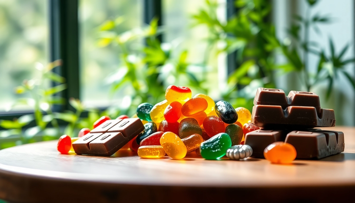 Shop Cannabis Edibles Online Europe with vibrant, colorful gummies and rich chocolates displayed elegantly.