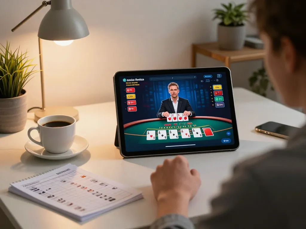 Engaging keonhacai online blackjack gameplay on a tablet in a stylish home setting, showcasing responsible gaming.