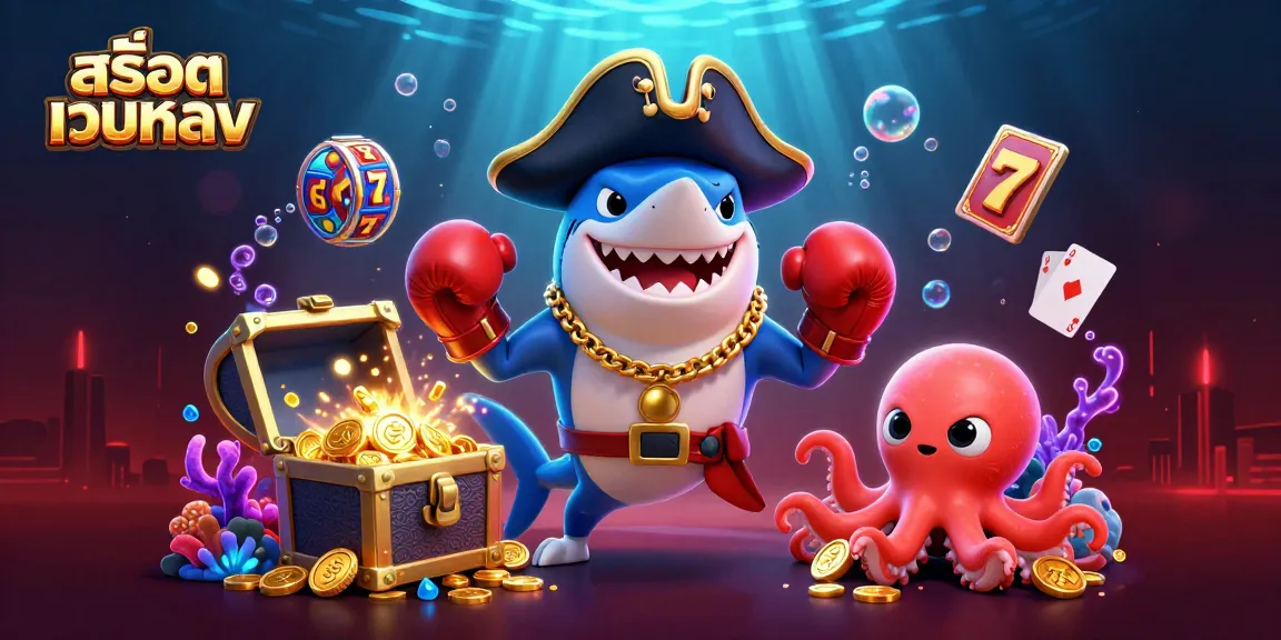 Exciting สล็อตเว็บตรง scene with a cartoon shark, pufferfish, and octopus celebrating jackpot wins.