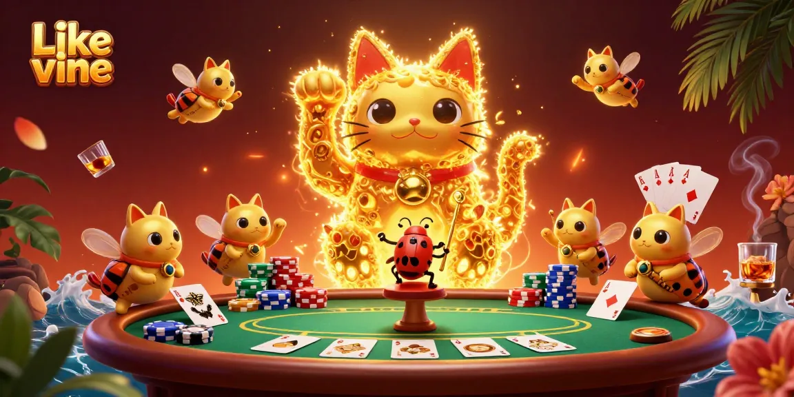 Experience lively gaming action with the dazzling lucky cat at Like vine, surrounded by casino symbols and poker elements.