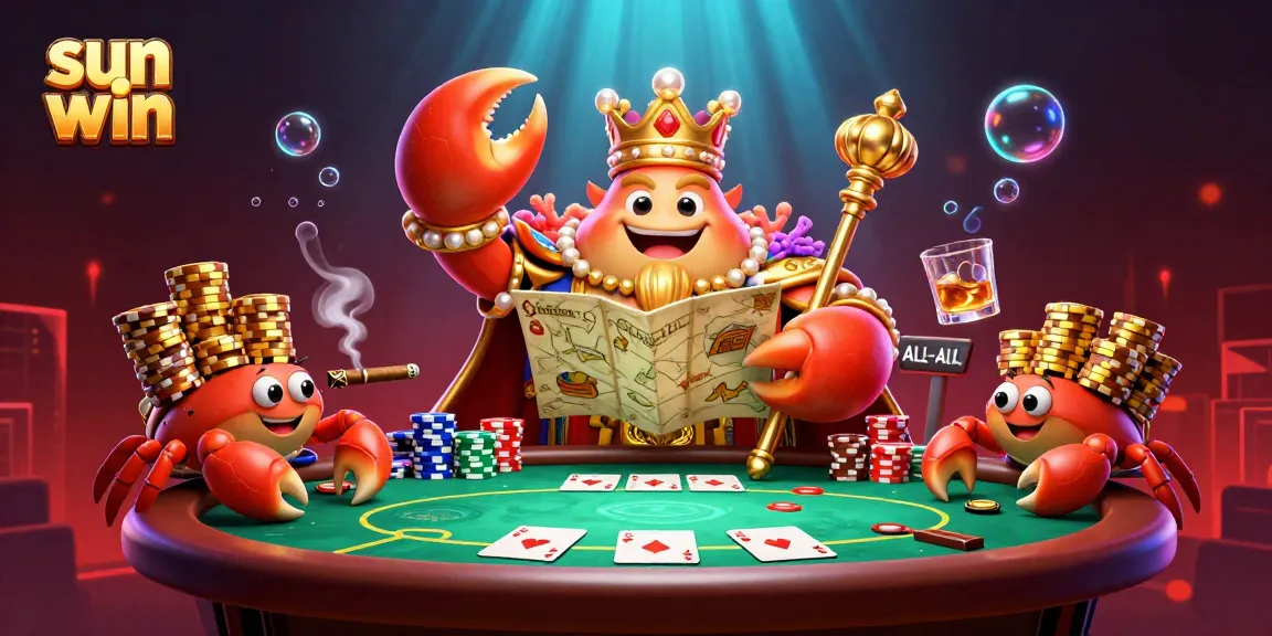 Experience the thrilling world of sun win with a golden crab emperor surrounded by vibrant casino elements.