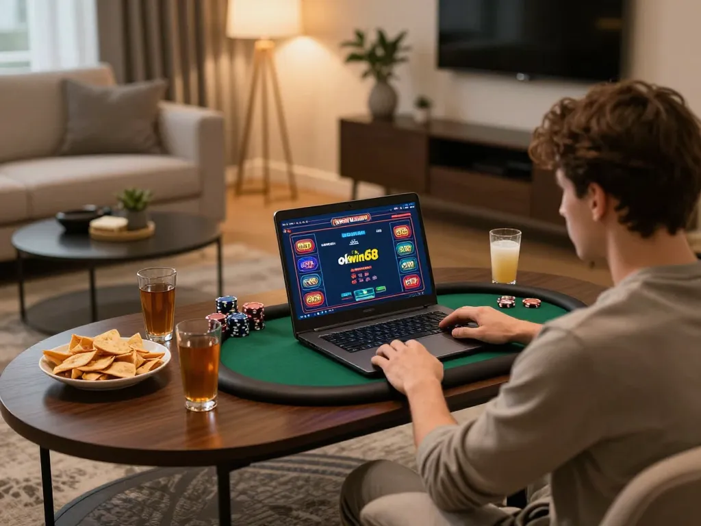 Player enjoying poker gameplay on okwin68 in a cozy home setting