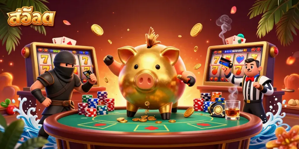 Engaging scene of สล็อต characters showcasing intense gambling action with elements like slot reels and poker chips.