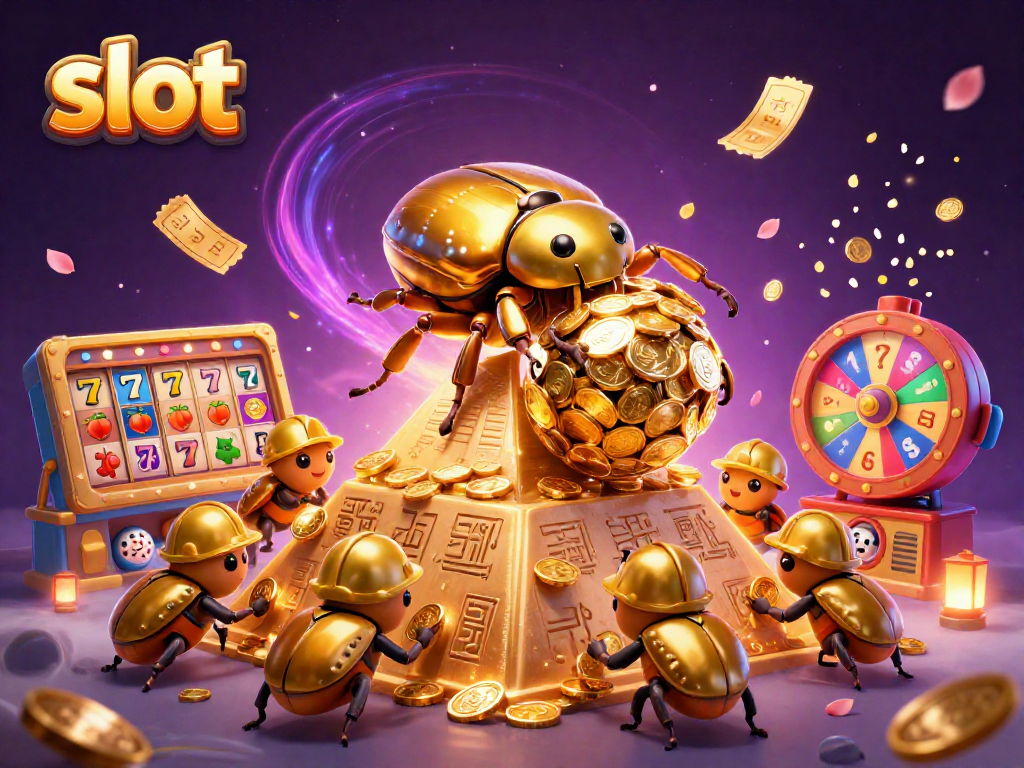 Slot menjadi lebih menarik dengan ilustrasi 3D laba-laba emas menggelindingkan koin emas dan simbol kasino.
