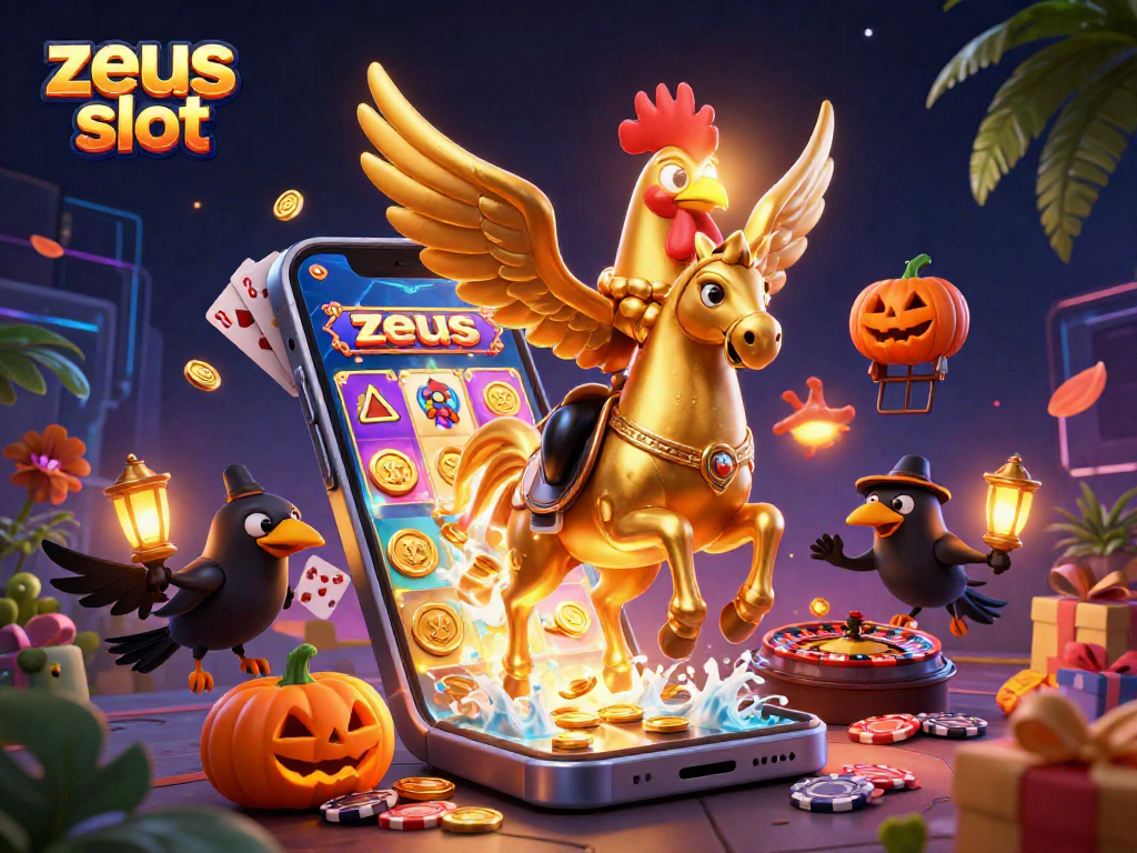 Experience zeus slot action with a dynamic casino illustration featuring a golden rooster and vibrant game elements.