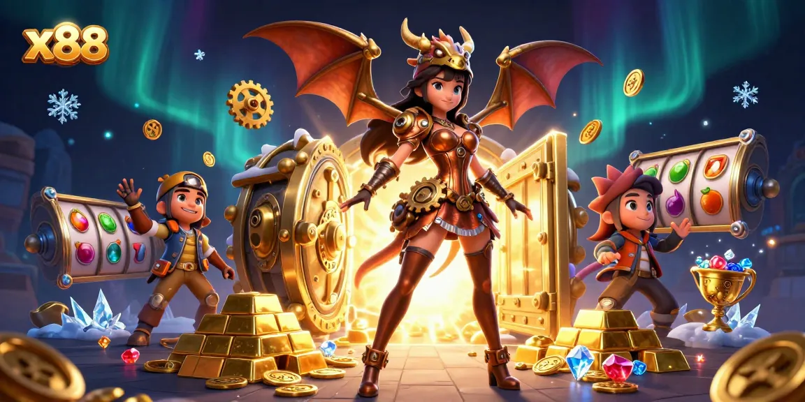 Engage with x88 in this vibrant 3D illustration showcasing dynamic slot game elements and treasure.