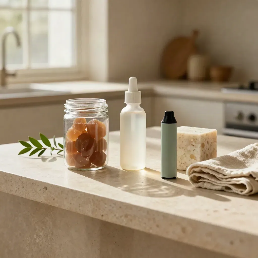 CBD bundle on travertine with jar, tincture, vape, linen, and greenery in soft window light