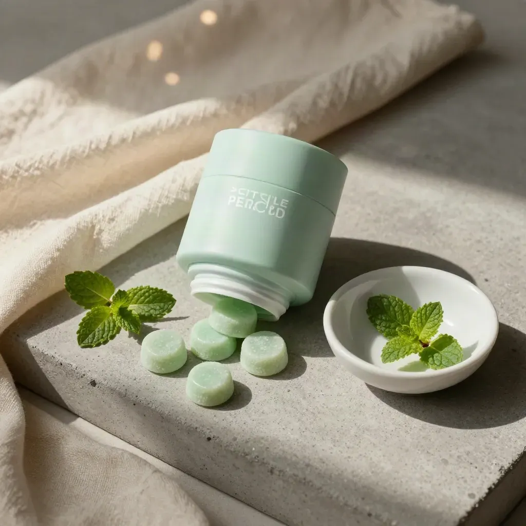 Overhead mint gummies jar with linen, ceramic bowl, and mint leaves on concrete