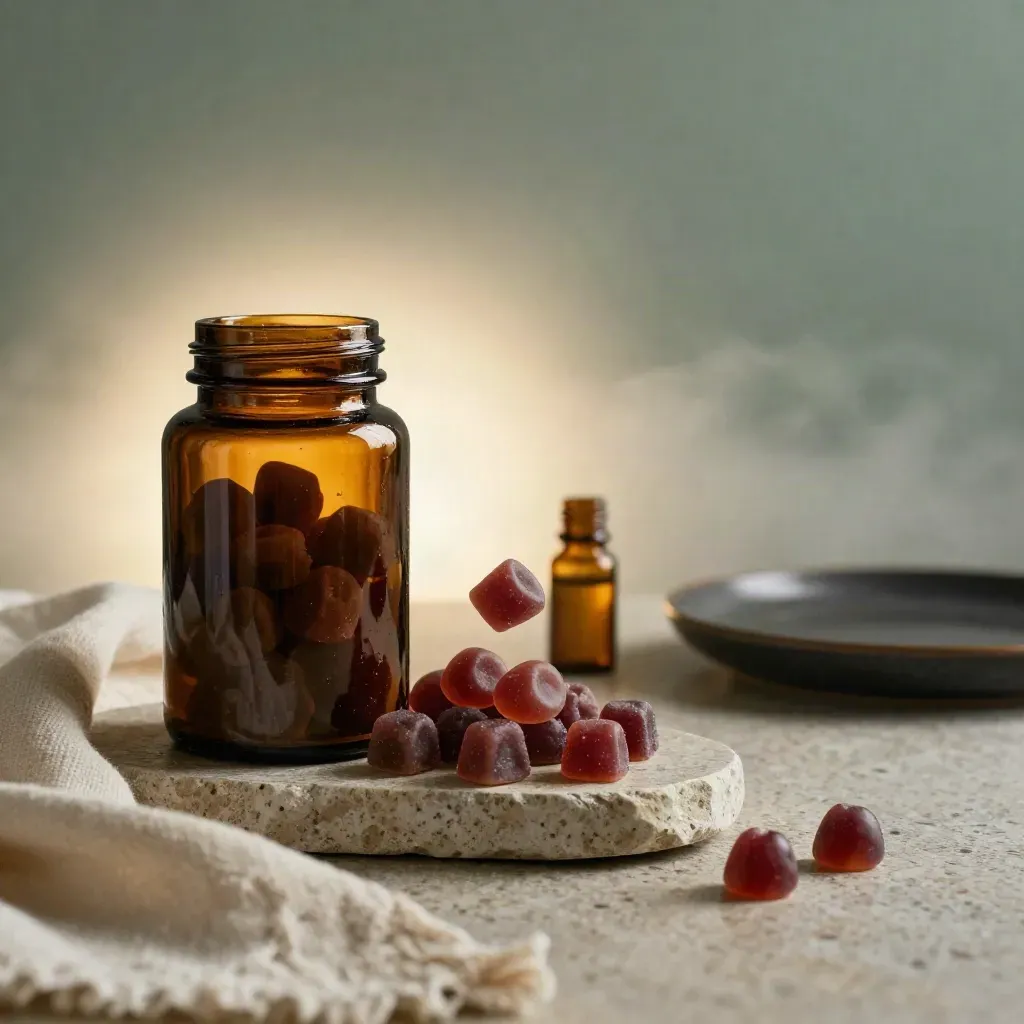 Amber jar of CBD sleep gummies with berry chews, stone dish, linen, and amber bottle in misty studio light.